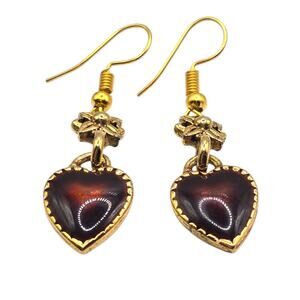 Earrings Heart Shaped Floral Motif Swirled Brown Gold Tone French Wire SK3114